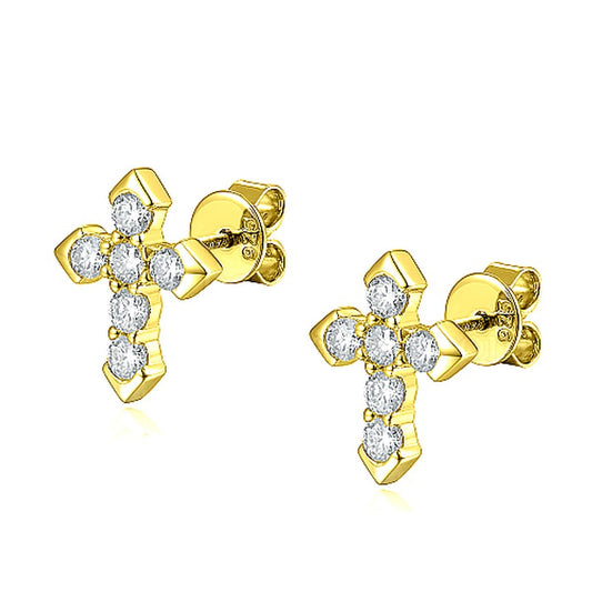 Boucles d'oreilles argent 925 or croix religieuse diamant CZ