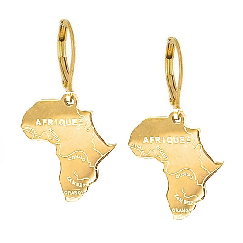 Boucles d'oreilles acier inoxydable carte d'Afrique dorée