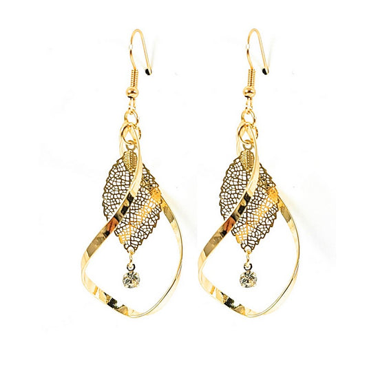 Fancy leaf and rhinestone earrings falling gold color