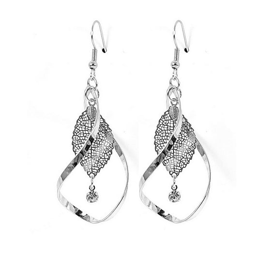 Fancy leaf and falling rhinestone earrings in silver color