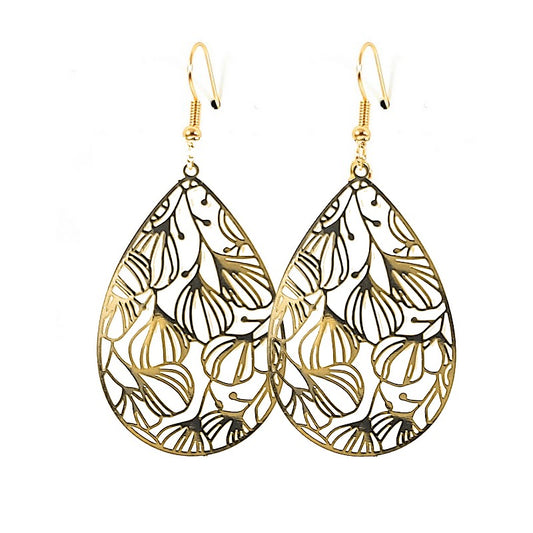 Fancy earrings with filigree falling leaves in gold color