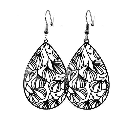 Fancy earrings filigree falling leaves black color