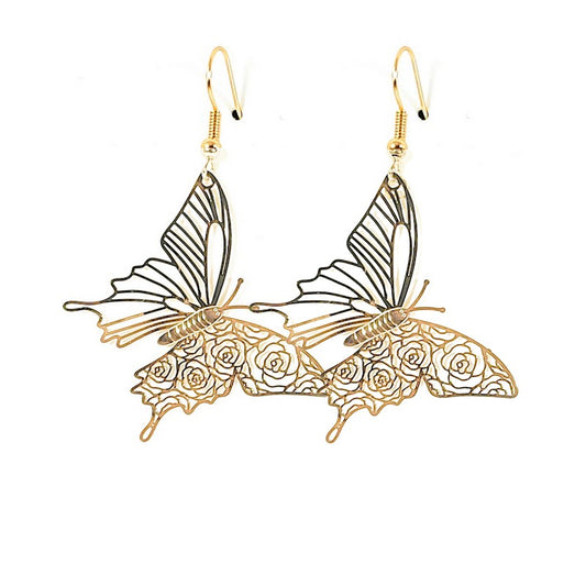 Fancy filigree butterfly drop earrings in gold color