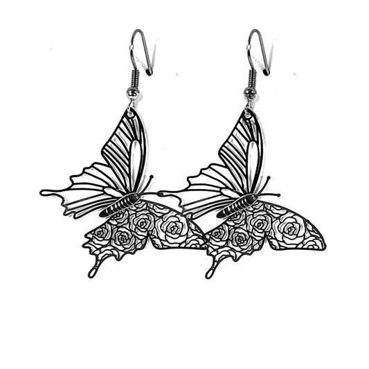 Fancy filigree butterfly drop earrings in black color