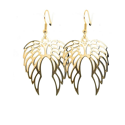 Fancy filigree earrings with falling angel wings in gold color