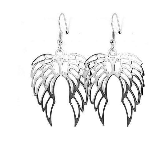 Fancy filigree earrings with falling angel wings in silver color