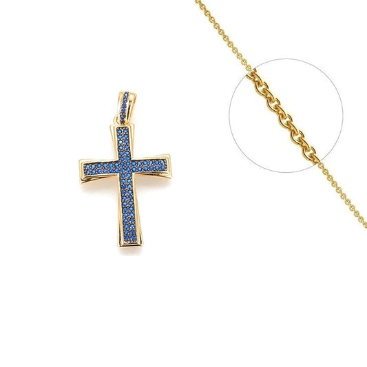 Collier chaîne et pendentif croix religieuse diamants CZ sertis bleu