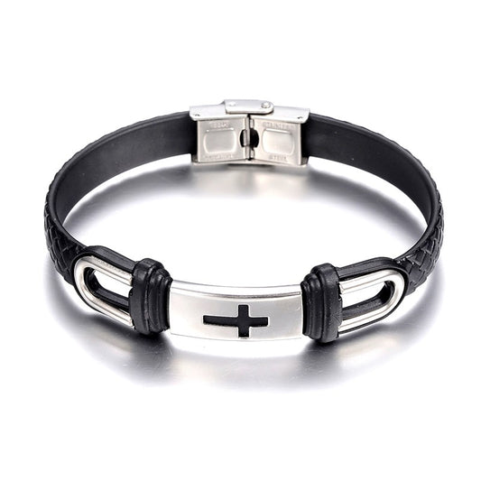Stainless steel religious cross leather bracelet