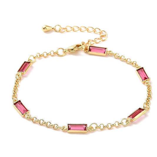 Pink rectangle CZ diamond gold flexible bracelet