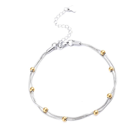 2 row silver stainless steel bracelet with gold beads
