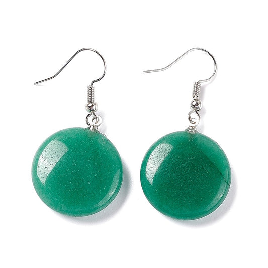 Stainless steel dangling earrings with round natural stones aventurine