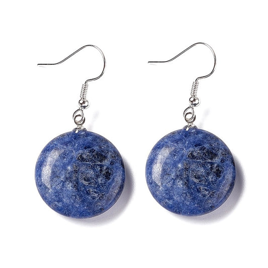 Stainless steel dangling earrings with natural round sodalite stones