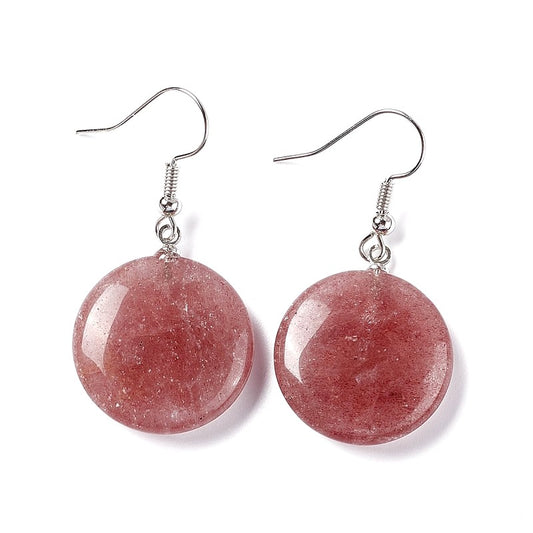 Stainless steel dangling earrings with round natural stones strawberry quartz