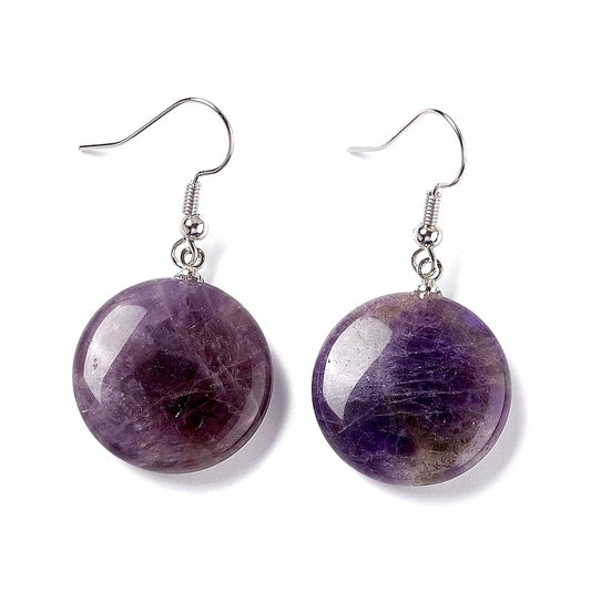 Stainless steel dangling earrings with natural round amethyst stones
