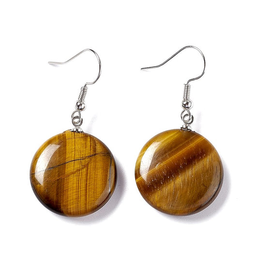 Stainless steel dangling earrings natural round tiger's eye stones