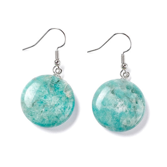 Stainless steel dangling earrings with natural round amazonite stones