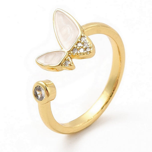 Adjustable women's ring with mother-of-pearl butterfly rhinestones