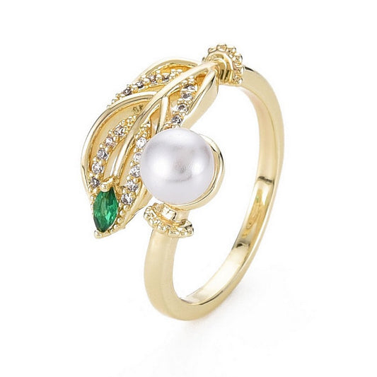 Women's adjustable leaf and pearl ring
