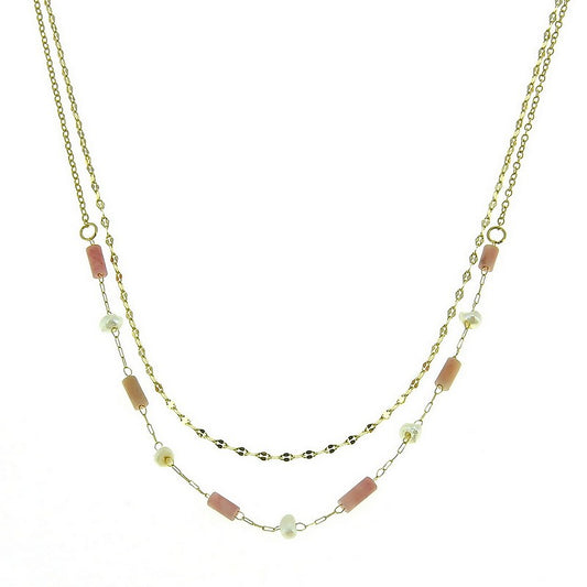 Stainless steel necklace with natural rhodonite and mother-of-pearl stone charms