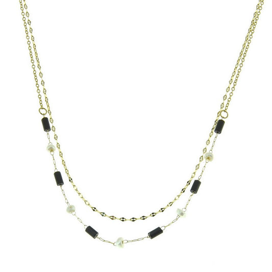 Stainless steel necklace with natural stone agate and mother-of-pearl charms