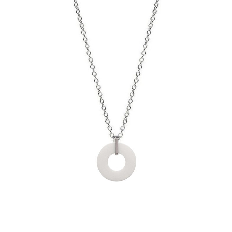 Fancy ceramic necklace for women - Stainless steel chain with white circle pendant
