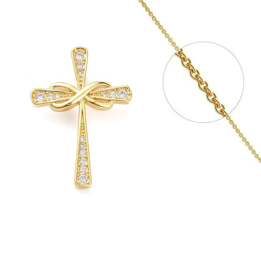Collier chaîne et pendentif croix religieuse et sigle infini zirconiums sertis