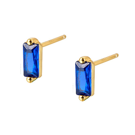 925 silver gold rectangle diamond blue CZ earrings