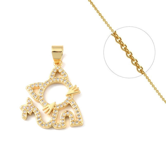 Little Cat Openwork Pendant and Chain Necklace with CZ Diamond