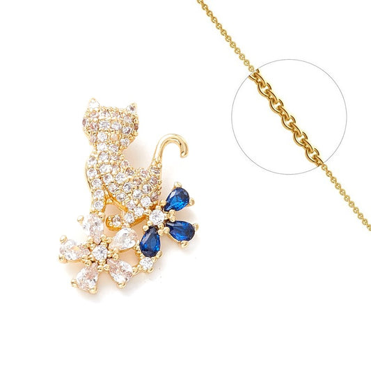 Little Kitten Pendant and Chain Necklace with Blue CZ Diamond