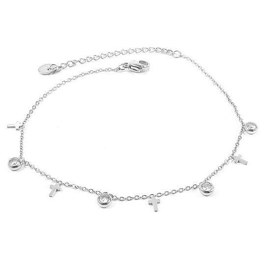 Stainless steel silver cross diamond CZ anklet