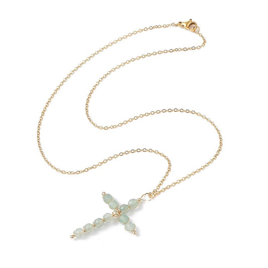 Stainless steel cross necklace natural stone aventurine