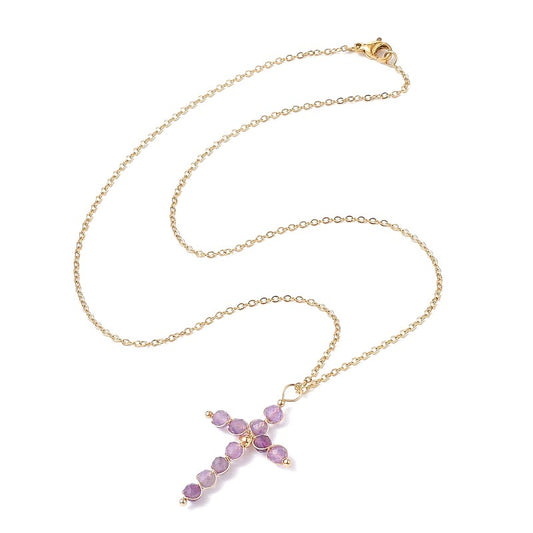 Natural amethyst stone cross stainless steel necklace