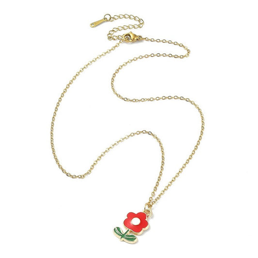 Red flower stainless steel necklace chain