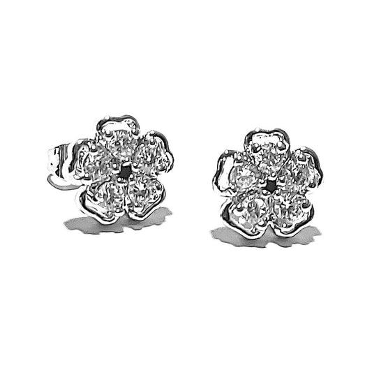 Rhodium-plated CZ diamond flower earrings