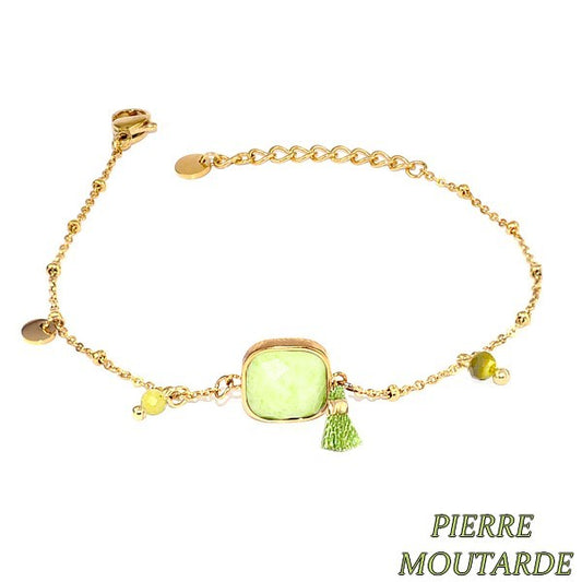 Bracelet pour femme acier & pierre - Pierre moutarde - Perles & pompon