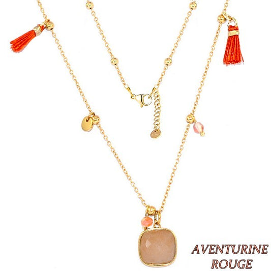 Collier pour femme acier & pierre - Aventurine rouge - Perles & pompons