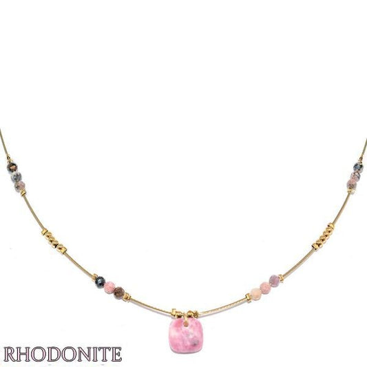 Collier pour femme acier & pierre - Rhodonite - Perles rose