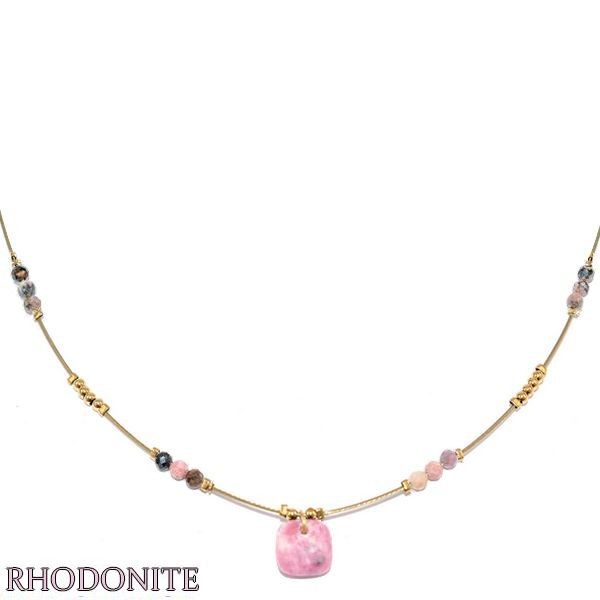 Collier pour femme acier & pierre - Rhodonite - Perles rose