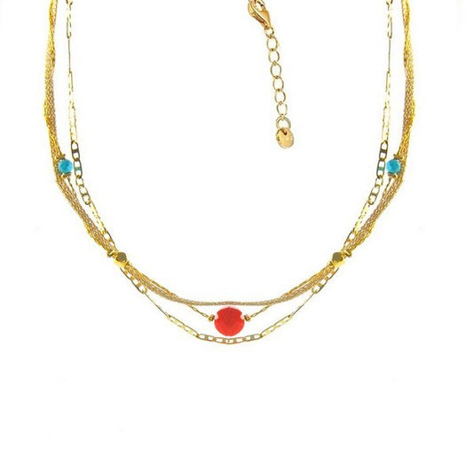Collier femme multi rangs chaîne acier or gemme rouge et turquoise