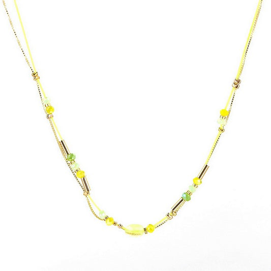 Collier fantaisie 2 rangs perles de verre fil jaune fluo