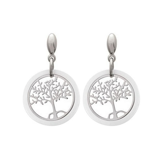 Boucles d'oreilles acier et céramique blanc arbre de vie