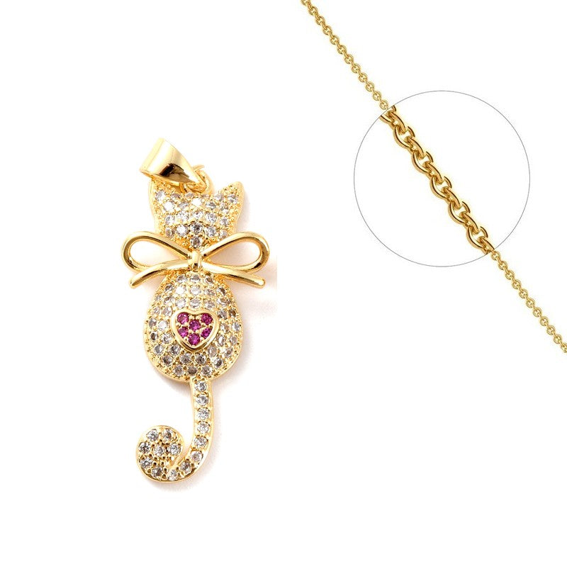 Collier chaîne et pendentif petit chaton cœur rose avec diamant CZ