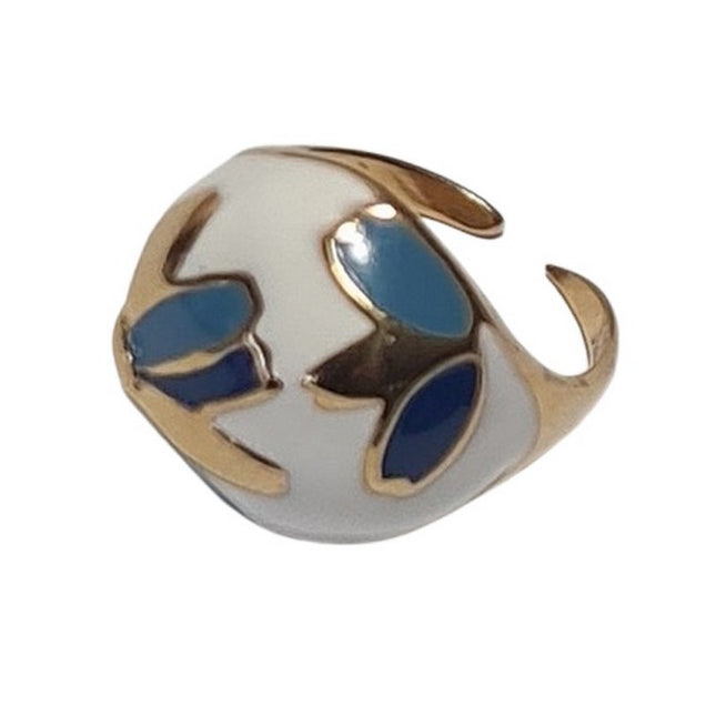 Gold stainless steel ring with blue and white enamel flower