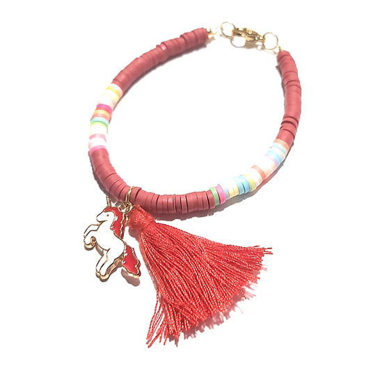 Bracelet enfant polymère rouge avec pompon et licorne