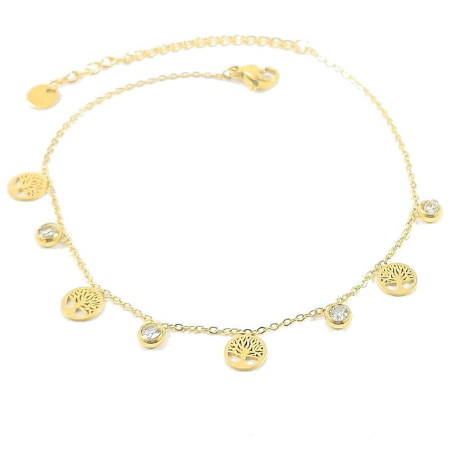 Chaîne de cheville acier inoxydable arbre de vie or diamant CZ Bijouxmode
