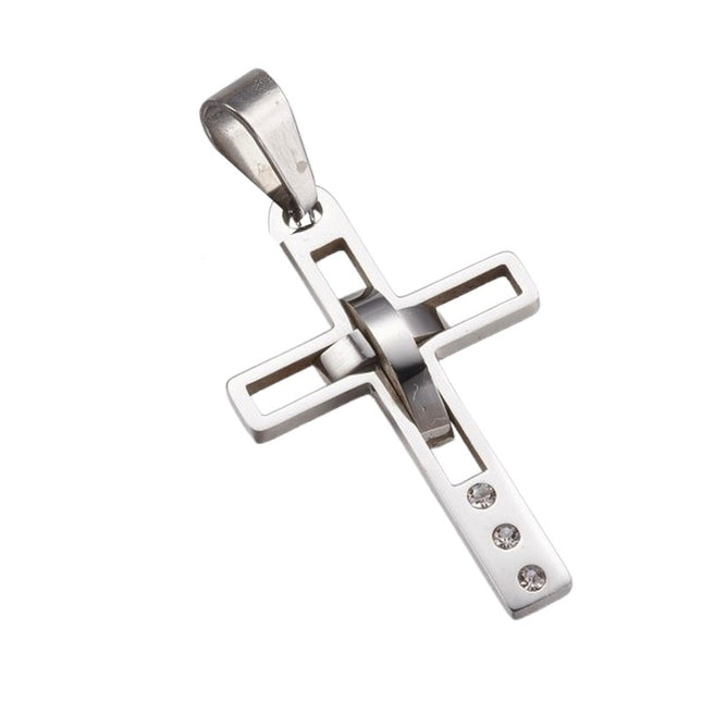 316 Steel Gothic Rock or Biker Pendant - Silver Cross with Cubic Zirconia