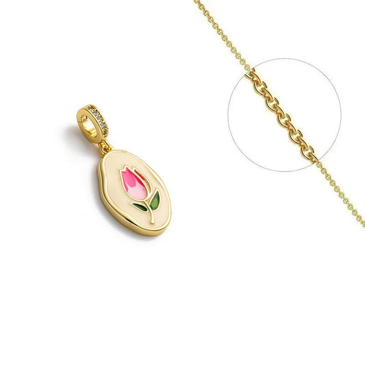 Gold chain necklace and enamel flower pendant and set zirconiums