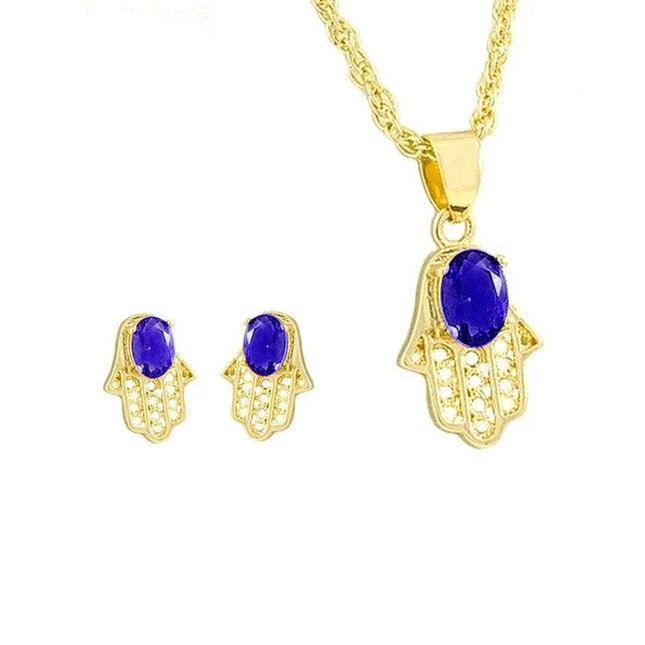 Parure pendentif et boucles - main de Fatma diamant cz bleu