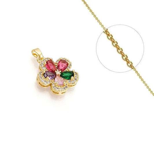 Gold necklace chain and flower pendant set with colored zirconiums