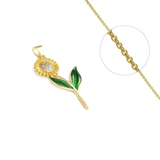 Gold chain necklace and enamel flower pendant and set zirconiums